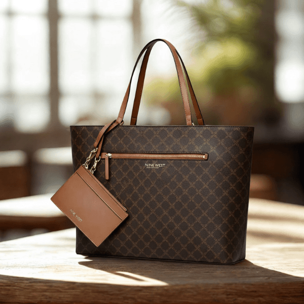 Nine West Women’s Monogram Tote Bag with Wristlet & Zip Pocket – Large Shoulder Bag