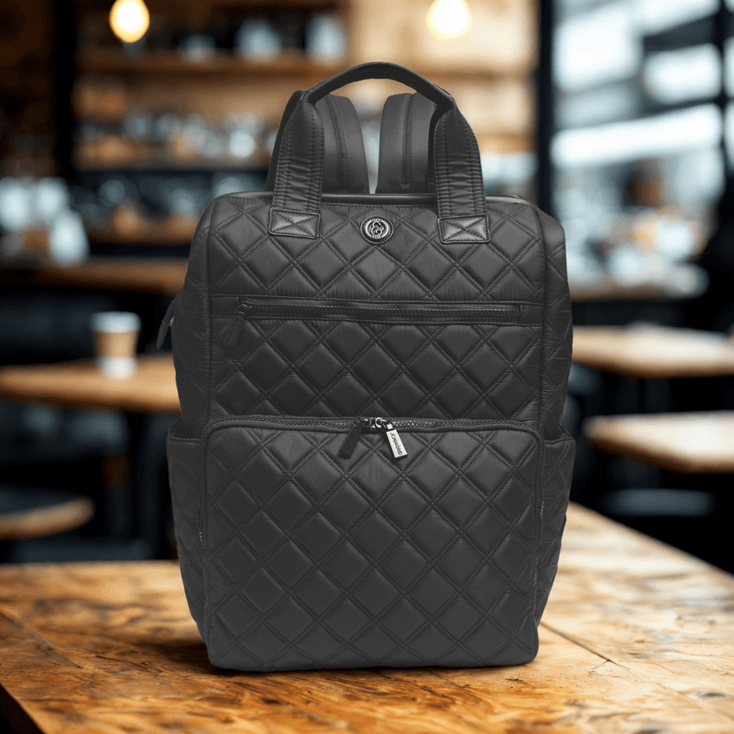 Joan & David Diamond Quilted Puffer Nylon Square Laptop Backpack - Black